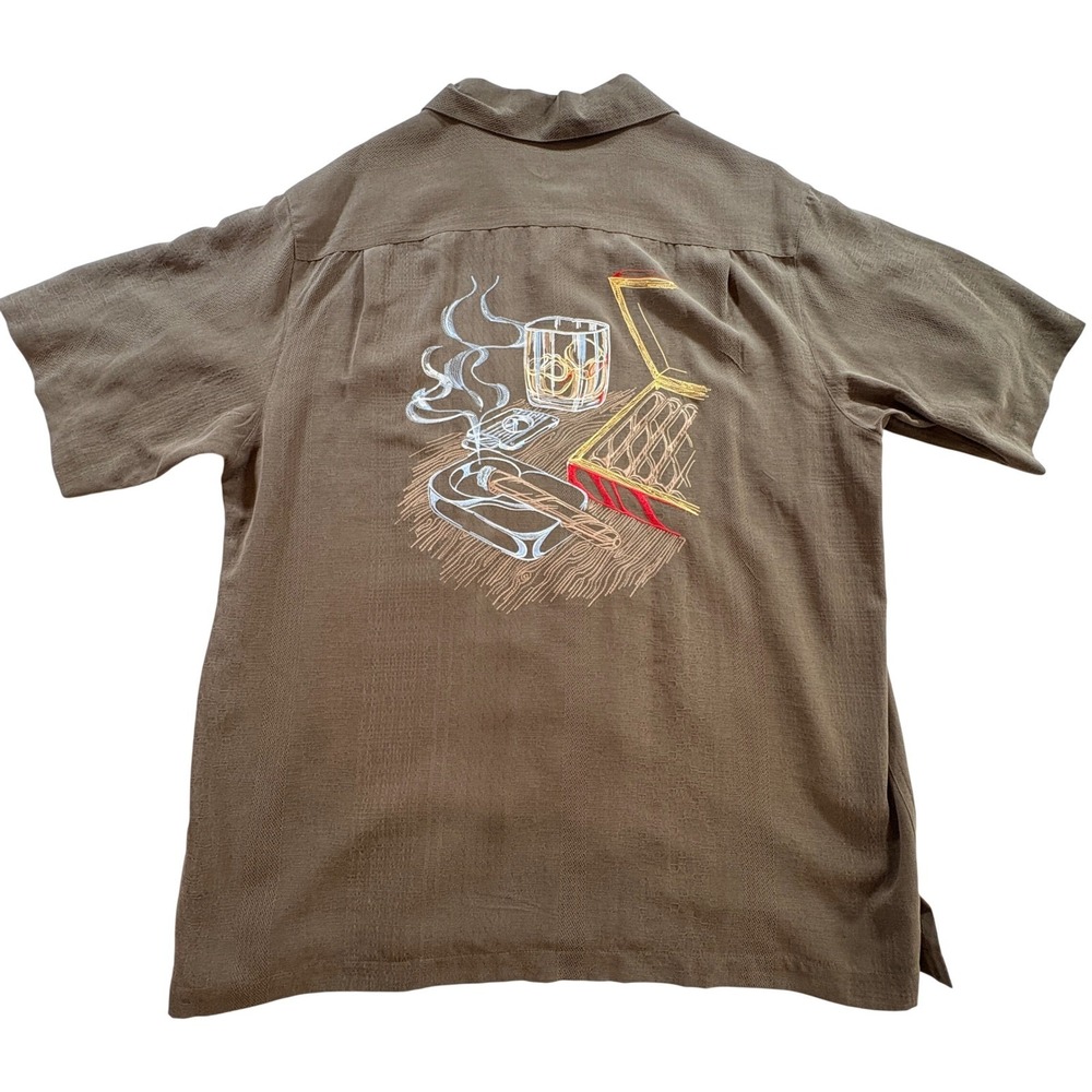 Caribbean Roundtree Yorke Silk Camp Shirt Mens L Brown Cigar Whiskey Embroidered